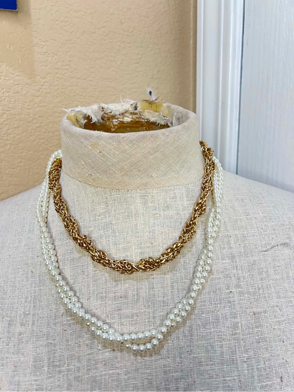 Charming Charlie Layered Faux Pearl & Gold Chain Statement Necklace Vintage Love